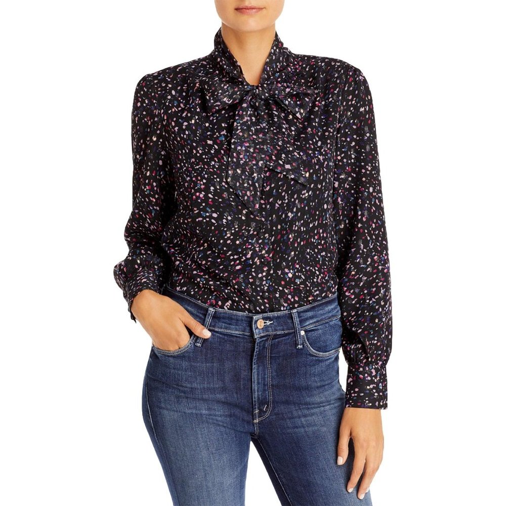 Aqua NWT Confetti Bow Long Sleeve Blouse Neck Tie Button Down Black Confetti New